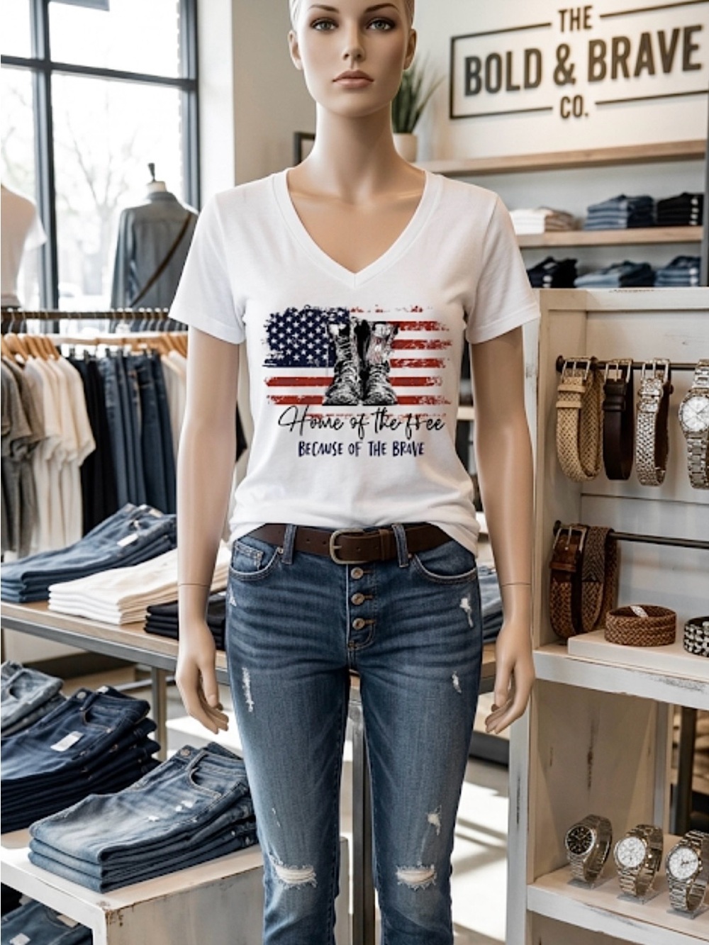Patriotic V-Neck Graphic Tee - White with American Flag